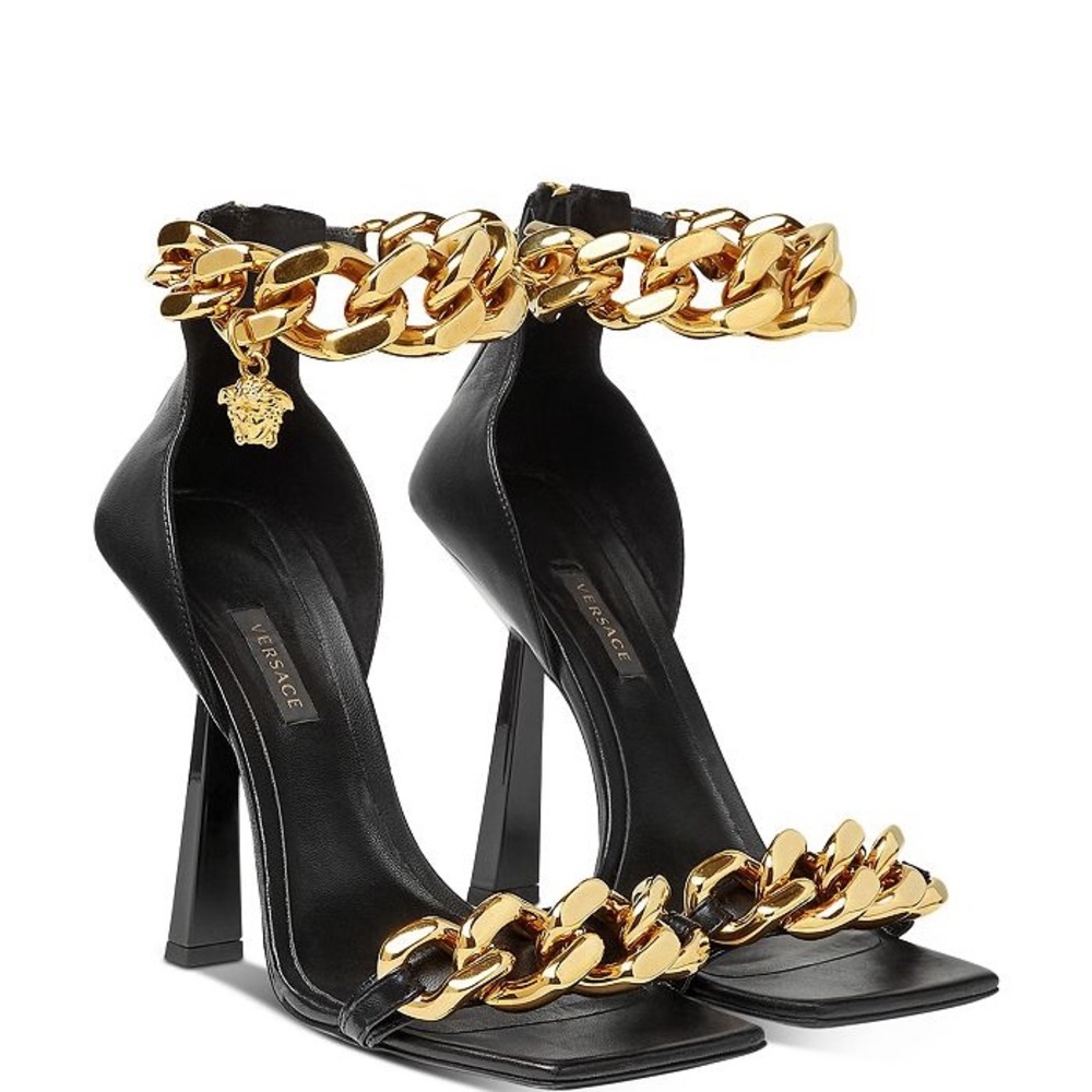 Versace Black and Gold Chain Accent Heels